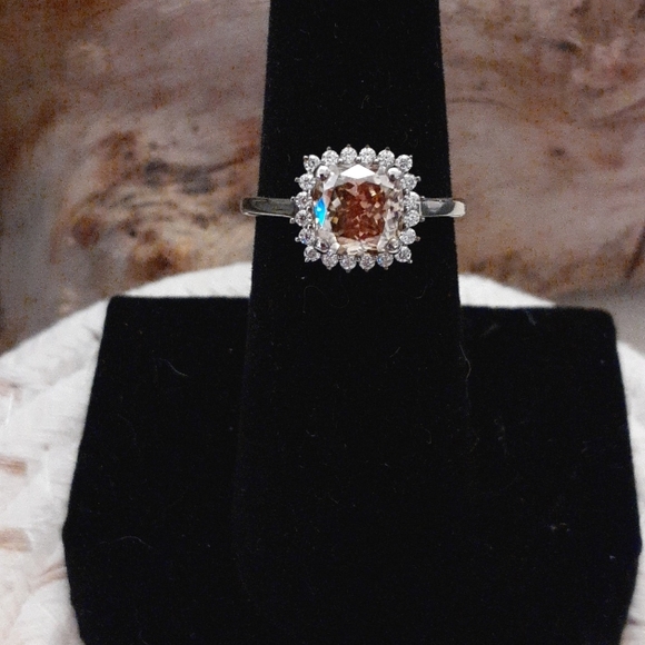 CHAMPAGNE & WHITE MOISSANITE HALO RING - Picture 8 of 8